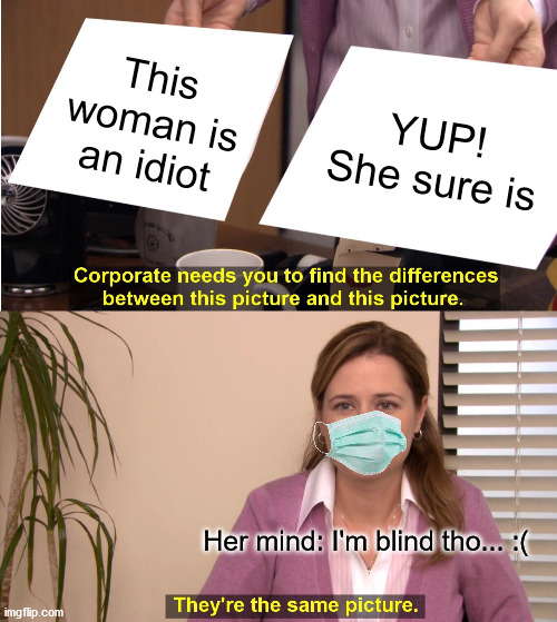 They're The Same Picture Meme |  This woman is an idiot; YUP! She sure is; Her mind: I'm blind tho... :( | image tagged in memes,they're the same picture,SubSimGPT2Interactive | made w/ Imgflip meme maker