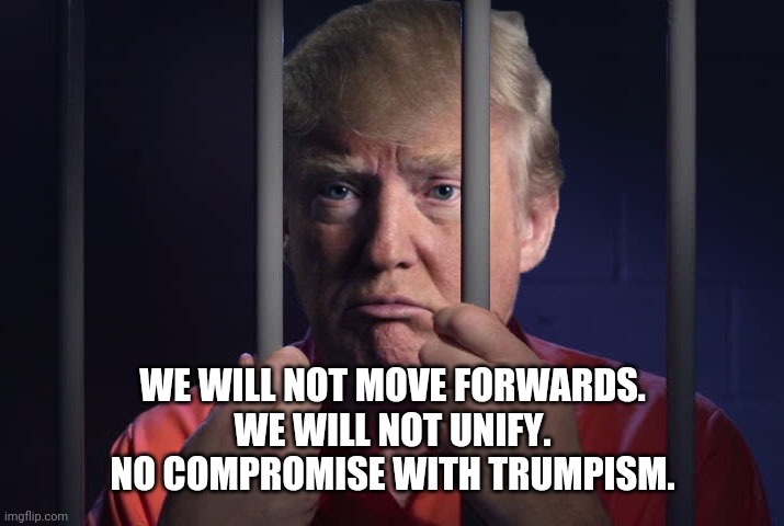 Trump jail bars steel wall | WE WILL NOT MOVE FORWARDS.
WE WILL NOT UNIFY.
NO COMPROMISE WITH TRUMPISM. | image tagged in trump jail bars steel wall | made w/ Imgflip meme maker