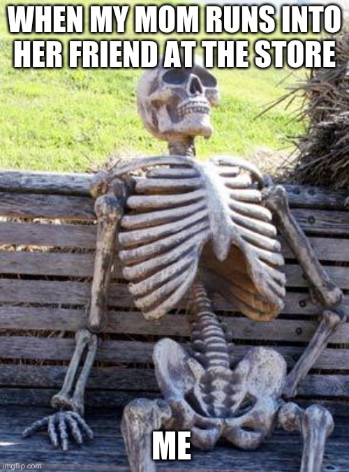 Waiting Skeleton | WHEN MY MOM RUNS INTO HER FRIEND AT THE STORE; ME | image tagged in memes,waiting skeleton | made w/ Imgflip meme maker