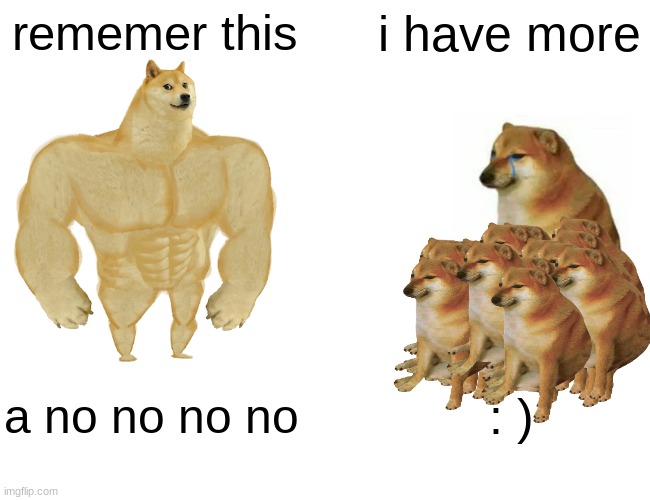 Buff Doge vs. Cheems | rememer this; i have more; : ); a no no no no | image tagged in memes,buff doge vs cheems | made w/ Imgflip meme maker