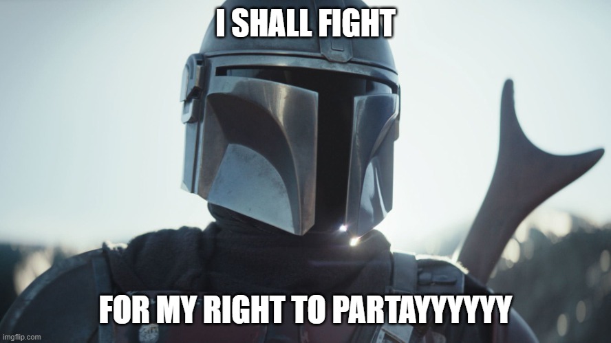 The Mandalorian. | I SHALL FIGHT FOR MY RIGHT TO PARTAYYYYYY | image tagged in the mandalorian | made w/ Imgflip meme maker