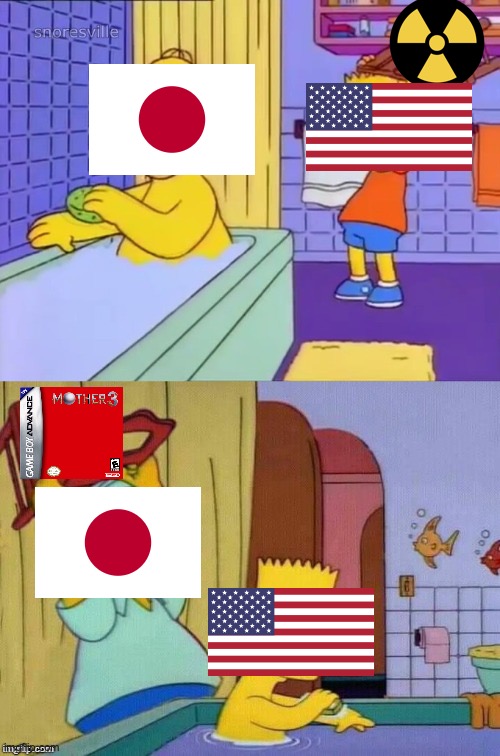 Japan was nuked so no Mother 3 | image tagged in homer revenge | made w/ Imgflip meme maker