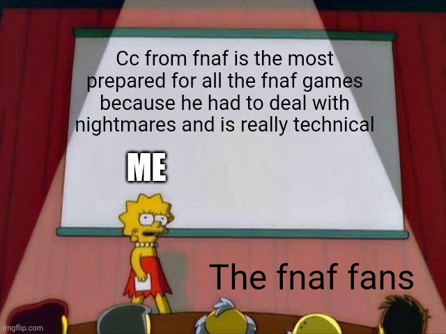 Am I right | Cc from fnaf is the most prepared for all the fnaf games because he had to deal with nightmares and is really technical; ME; The fnaf fans | image tagged in lisa simpson's presentation | made w/ Imgflip meme maker
