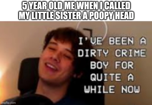 Dirty crime boy | 5 YEAR OLD ME WHEN I CALLED MY LITTLE SISTER A POOPY HEAD | image tagged in dirty little crime boy | made w/ Imgflip meme maker