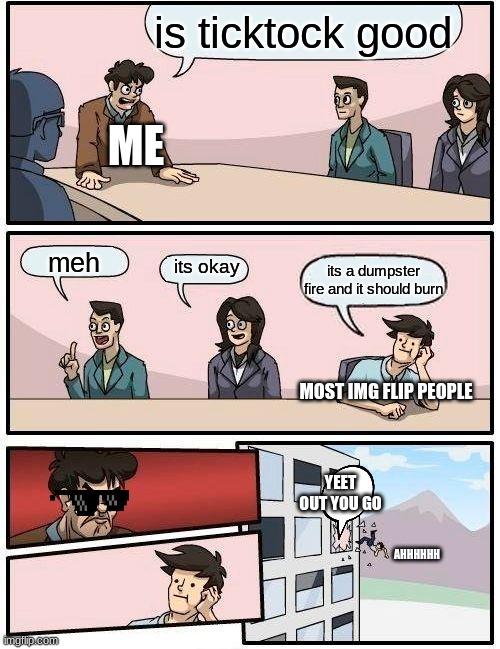 just why | is ticktock good; ME; meh; its okay; its a dumpster fire and it should burn; MOST IMG FLIP PEOPLE; YEET OUT YOU GO; AHHHHHH | image tagged in memes,boardroom meeting suggestion | made w/ Imgflip meme maker