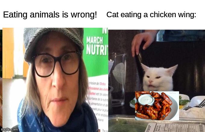 Eating animals is wrong! Cat eating a chicken wing: | image tagged in woman yelling at cat | made w/ Imgflip meme maker