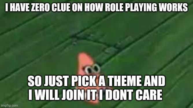 Just do it i dont care | I HAVE ZERO CLUE ON HOW ROLE PLAYING WORKS; SO JUST PICK A THEME AND I WILL JOIN IT I DONT CARE | image tagged in memes,roleplaying | made w/ Imgflip meme maker