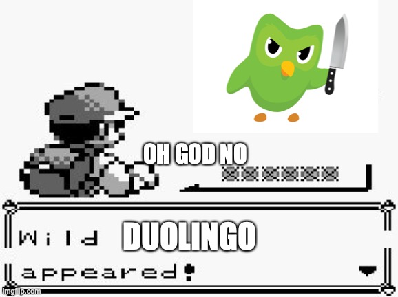 pokemon appears | OH GOD NO; DUOLINGO | image tagged in pokemon appears | made w/ Imgflip meme maker