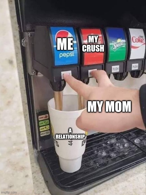 valentines is close | MY CRUSH; ME; MY MOM; A RELATIONSHIP | image tagged in coke and pepsi | made w/ Imgflip meme maker