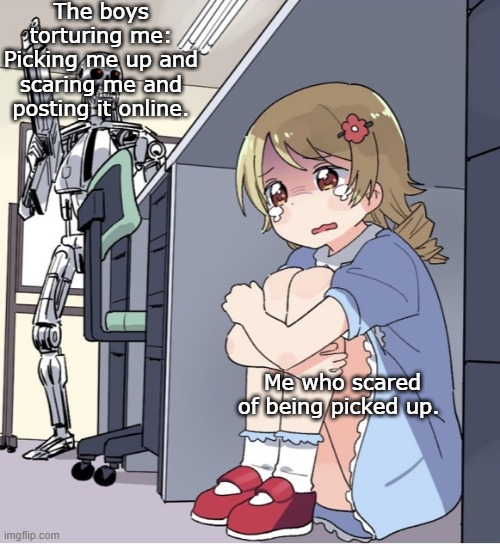 Anime Girl Hiding from Terminator | The boys torturing me: Picking me up and scaring me and posting it online. Me who scared of being picked up. | image tagged in anime girl hiding from terminator | made w/ Imgflip meme maker