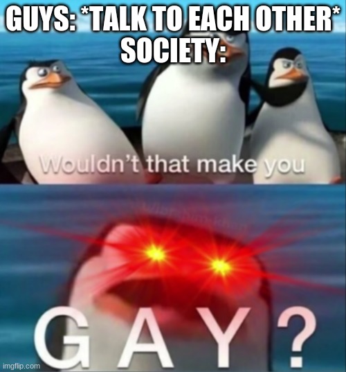 Wouldn't that make you gay | GUYS: *TALK TO EACH OTHER*
SOCIETY: | image tagged in wouldn't that make you gay | made w/ Imgflip meme maker