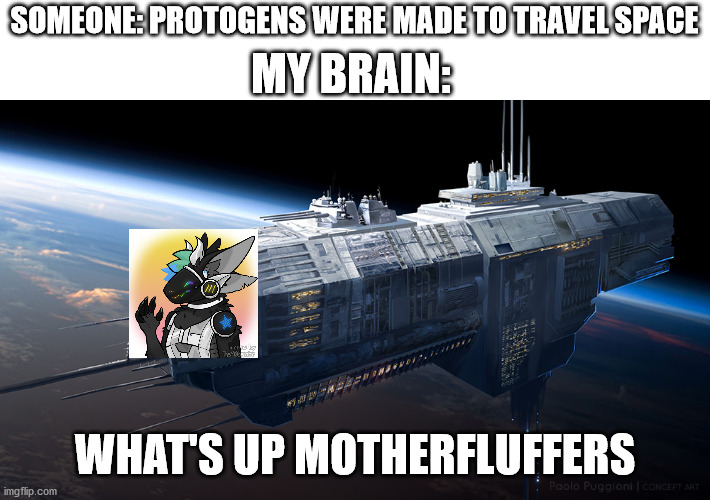 ...ME! | SOMEONE: PROTOGENS WERE MADE TO TRAVEL SPACE; MY BRAIN:; WHAT'S UP MOTHERFLUFFERS | image tagged in spaceship | made w/ Imgflip meme maker