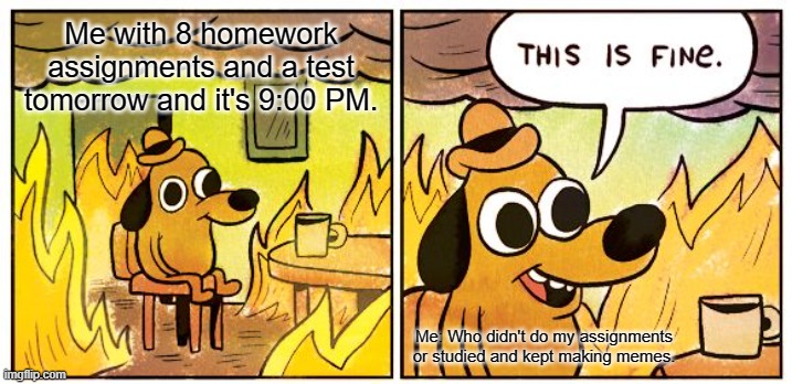 This Is Fine | Me with 8 homework assignments and a test tomorrow and it's 9:00 PM. Me: Who didn't do my assignments or studied and kept making memes. | image tagged in memes,this is fine | made w/ Imgflip meme maker
