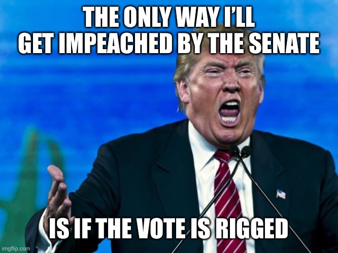 trump yelling | THE ONLY WAY I’LL GET IMPEACHED BY THE SENATE; IS IF THE VOTE IS RIGGED | image tagged in trump yelling | made w/ Imgflip meme maker