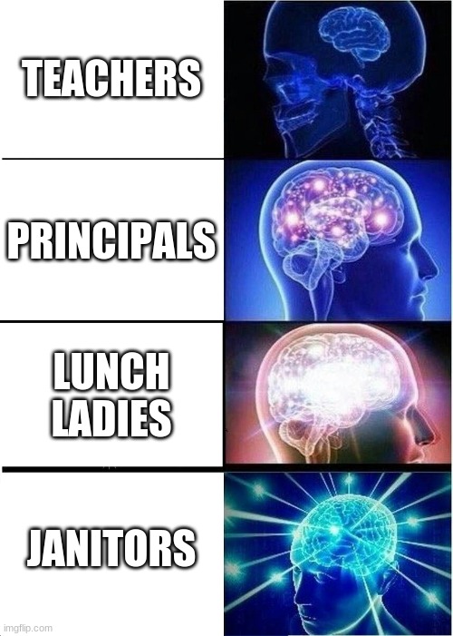 Expanding Brain | TEACHERS; PRINCIPALS; LUNCH LADIES; JANITORS | image tagged in memes,expanding brain | made w/ Imgflip meme maker