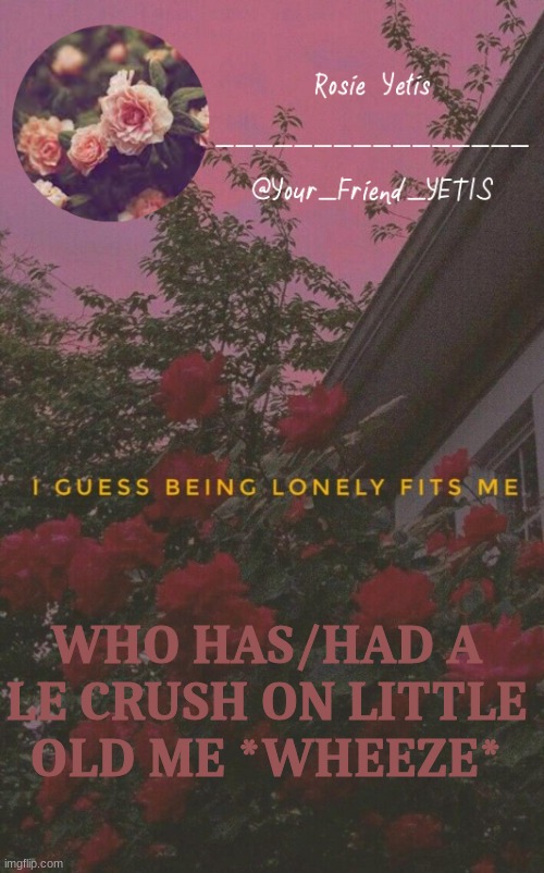 trendz | WHO HAS/HAD A LE CRUSH ON LITTLE OLD ME *WHEEZE* | image tagged in roses yetis | made w/ Imgflip meme maker