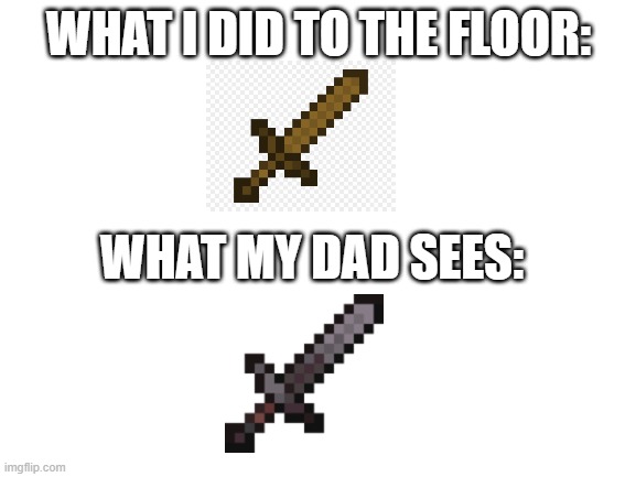 I just did a dent ;-; | WHAT I DID TO THE FLOOR:; WHAT MY DAD SEES: | image tagged in blank white template,memes,minecraft,relatable | made w/ Imgflip meme maker