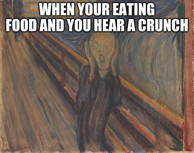 The Scream | WHEN YOUR EATING FOOD AND YOU HEAR A CRUNCH | image tagged in scream | made w/ Imgflip meme maker