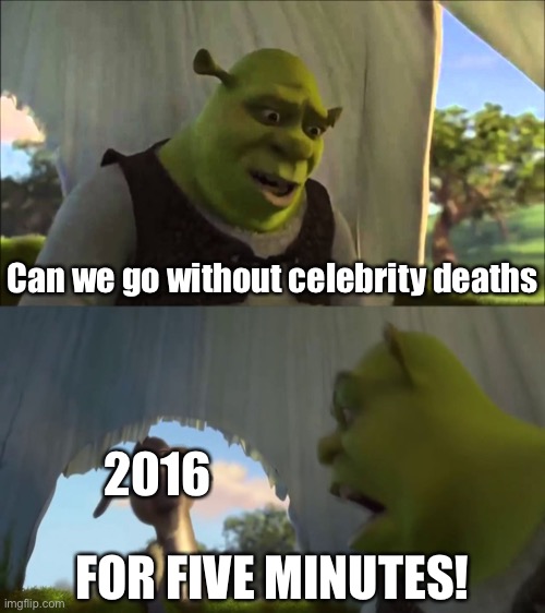 Remember When We Thought 2016 Was So Bad? |  Can we go without celebrity deaths; 2016; FOR FIVE MINUTES! | image tagged in could you stop for five minutes | made w/ Imgflip meme maker