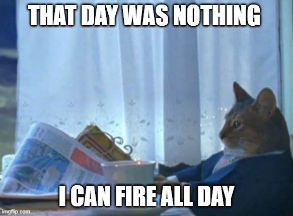 I Should Buy A Boat Cat Meme | THAT DAY WAS NOTHING I CAN FIRE ALL DAY | image tagged in memes,i should buy a boat cat | made w/ Imgflip meme maker