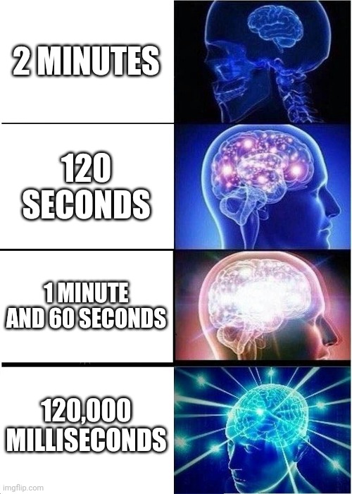 Minute | 2 MINUTES; 120 SECONDS; 1 MINUTE AND 60 SECONDS; 120,000 MILLISECONDS | image tagged in memes,expanding brain | made w/ Imgflip meme maker