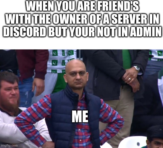 Disappointed Cricket Fan | WHEN YOU ARE FRIEND'S WITH THE OWNER OF A SERVER IN DISCORD BUT YOUR NOT IN ADMIN; ME | image tagged in disappointed cricket fan,discord | made w/ Imgflip meme maker