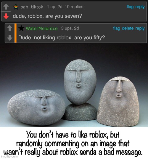 You don’t have to like roblox, but randomly commenting on an image that wasn’t really about roblox sends a bad message. | image tagged in oof stones | made w/ Imgflip meme maker