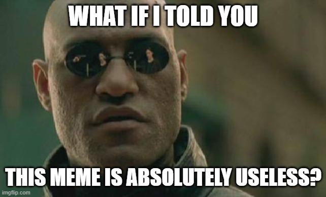 Comment down below what title I should name this! | WHAT IF I TOLD YOU; THIS MEME IS ABSOLUTELY USELESS? | image tagged in memes,matrix morpheus | made w/ Imgflip meme maker