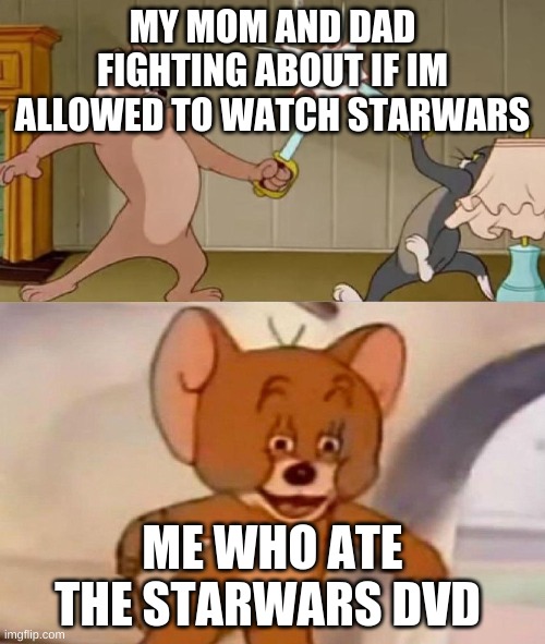 YEsS BiG dAdDy | MY MOM AND DAD FIGHTING ABOUT IF IM ALLOWED TO WATCH STARWARS; ME WHO ATE THE STARWARS DVD | image tagged in tom and jerry swordfight | made w/ Imgflip meme maker