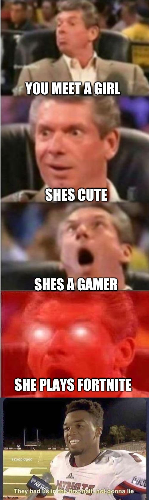 YOU MEET A GIRL; SHES CUTE; SHES A GAMER; SHE PLAYS FORTNITE | image tagged in mr mcmahon reaction,they had us in the first half not goona lie | made w/ Imgflip meme maker