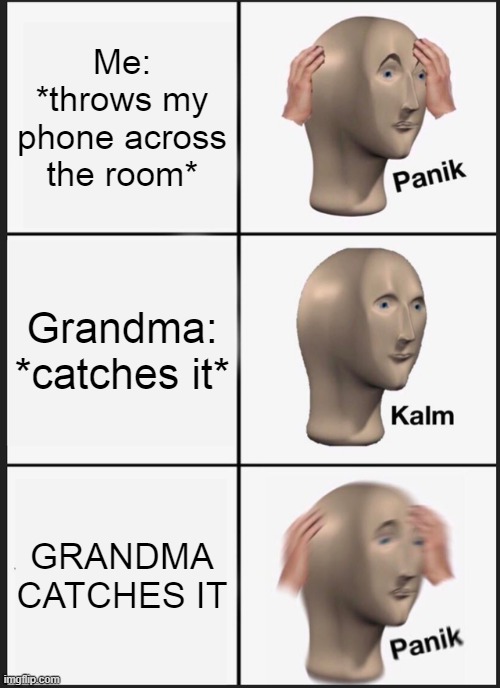 Panik Kalm Panik Meme | Me: *throws my phone across the room*; Grandma: *catches it*; GRANDMA CATCHES IT | image tagged in memes,panik kalm panik | made w/ Imgflip meme maker