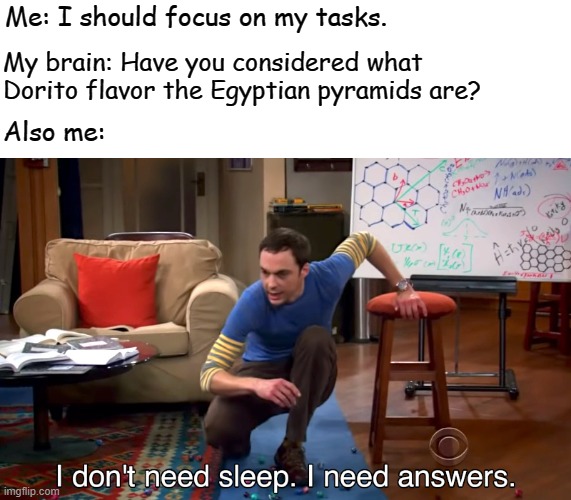 Top 10 mysteries unknown to man... |  Me: I should focus on my tasks. My brain: Have you considered what Dorito flavor the Egyptian pyramids are? Also me: | image tagged in i don't need sleep i need answers,doritos,the big bang theory,sheldon big bang theory,egypt,pyramids | made w/ Imgflip meme maker