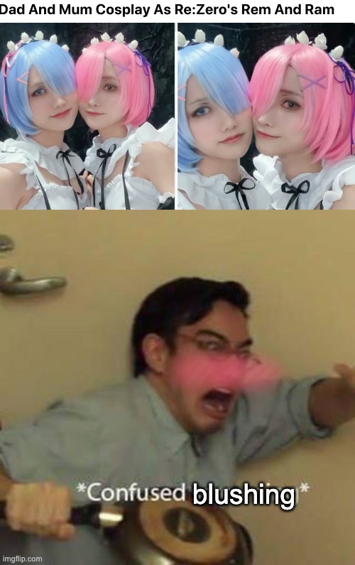 But who's who? | blushing | image tagged in confused screaming,cosplay,man,woman,memes | made w/ Imgflip meme maker