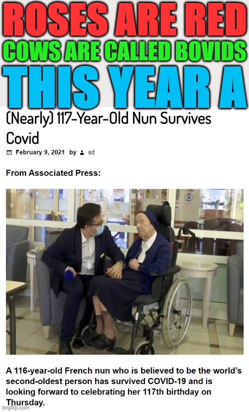 eyyy eyyy Sister André | ROSES ARE RED; COWS ARE CALLED BOVIDS; THIS YEAR A | image tagged in 117-year-old nun survives covid-19,covid-19,coronavirus,covid,nun,survivor | made w/ Imgflip meme maker