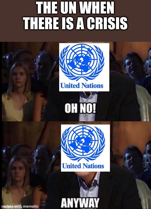 Oh no anyway | THE UN WHEN THERE IS A CRISIS | image tagged in oh no anyway | made w/ Imgflip meme maker