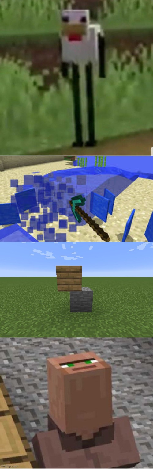 image tagged in cursed minecraft chicken,mining water,cursed minecraft stone and oak planks,minecraft villager looking up | made w/ Imgflip meme maker