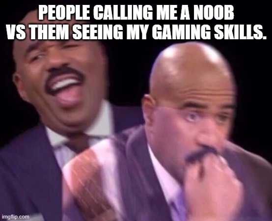 don't judge people by their avatar. | PEOPLE CALLING ME A NOOB VS THEM SEEING MY GAMING SKILLS. | image tagged in steve harvey laughing serious | made w/ Imgflip meme maker