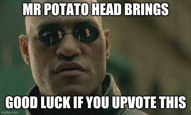 Mr Potato Head | MR POTATO HEAD BRINGS; GOOD LUCK IF YOU UPVOTE THIS | image tagged in memes,matrix morpheus | made w/ Imgflip meme maker