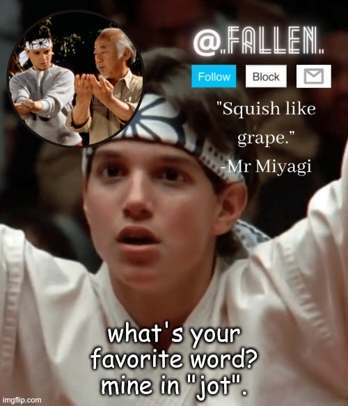 Karate Kid temp | what's your favorite word? mine in "jot". | image tagged in karate kid temp | made w/ Imgflip meme maker