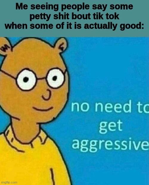no need to get aggressive | Me seeing people say some petty shit bout tik tok when some of it is actually good: | image tagged in no need to get aggressive | made w/ Imgflip meme maker