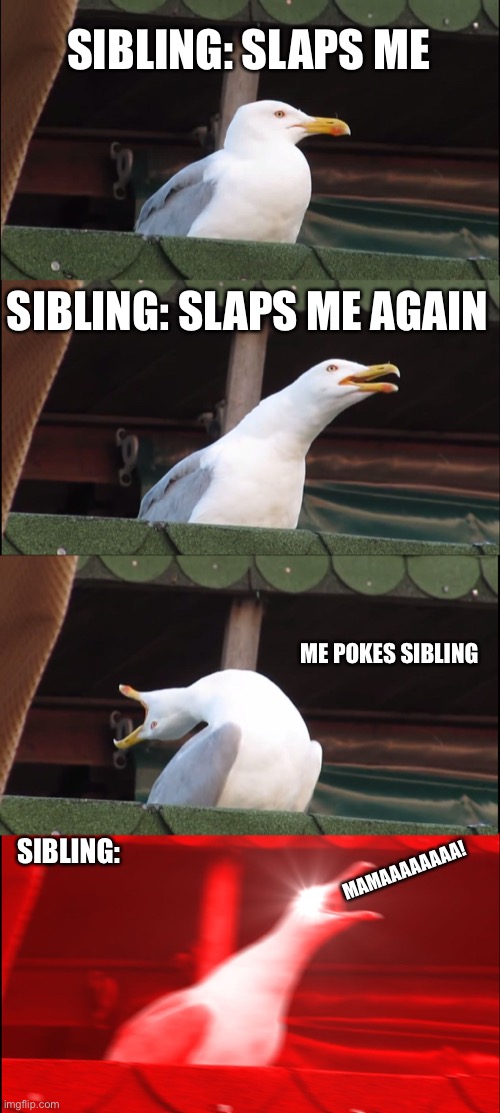 Inhaling Seagull | SIBLING: SLAPS ME; SIBLING: SLAPS ME AGAIN; ME POKES SIBLING; SIBLING:; MAMAAAAAAAA! | image tagged in memes,inhaling seagull | made w/ Imgflip meme maker