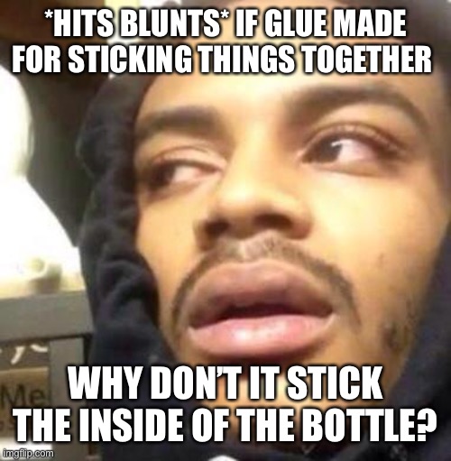 Hits Blunt | *HITS BLUNTS* IF GLUE MADE FOR STICKING THINGS TOGETHER; WHY DON’T IT STICK THE INSIDE OF THE BOTTLE? | image tagged in hits blunt | made w/ Imgflip meme maker
