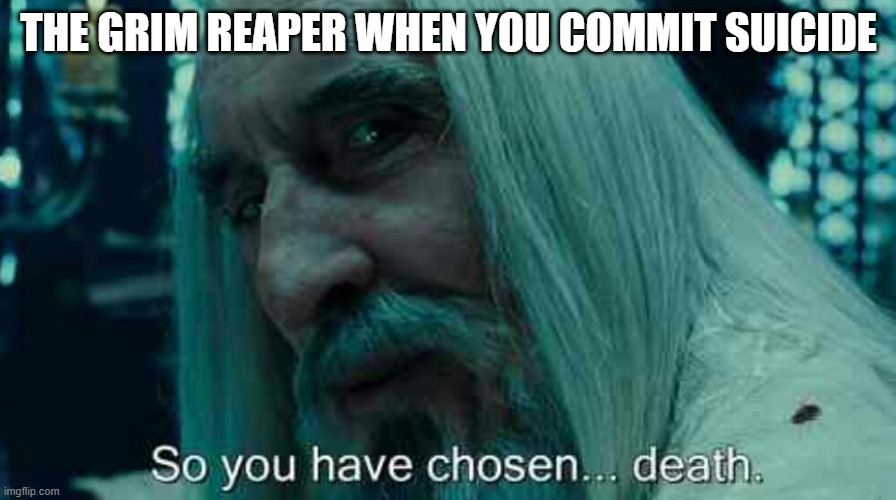kinda unsensitive but true | THE GRIM REAPER WHEN YOU COMMIT SUICIDE | image tagged in so you have chosen death | made w/ Imgflip meme maker