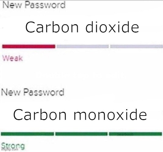 More is better? |  Carbon dioxide; Carbon monoxide | image tagged in password strength | made w/ Imgflip meme maker