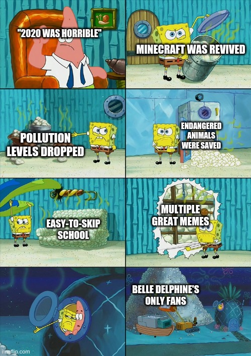 Spongebob shows Patrick Garbage | "2020 WAS HORRIBLE"; MINECRAFT WAS REVIVED; ENDANGERED ANIMALS WERE SAVED; POLLUTION LEVELS DROPPED; MULTIPLE GREAT MEMES; EASY-TO-SKIP SCHOOL; BELLE DELPHINE'S ONLY FANS | image tagged in spongebob shows patrick garbage | made w/ Imgflip meme maker