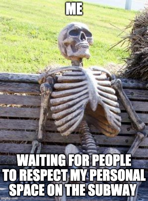 Skeleton Meme | ME; WAITING FOR PEOPLE TO RESPECT MY PERSONAL SPACE ON THE SUBWAY | image tagged in memes,waiting skeleton | made w/ Imgflip meme maker