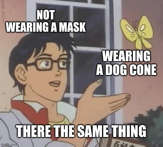 Is This A Pigeon | NOT WEARING A MASK; WEARING A DOG CONE; THERE THE SAME THING | image tagged in memes,is this a pigeon | made w/ Imgflip meme maker