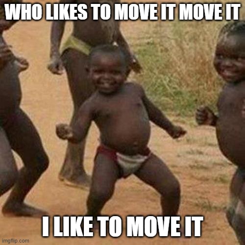 move it move it | WHO LIKES TO MOVE IT MOVE IT; I LIKE TO MOVE IT | image tagged in memes,third world success kid | made w/ Imgflip meme maker