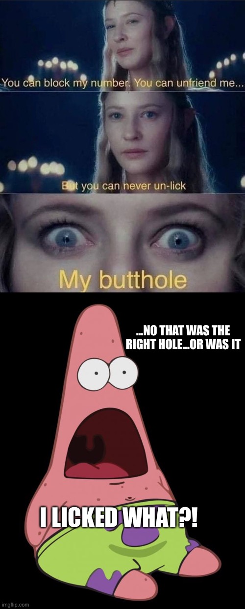 Unlick this | ...NO THAT WAS THE RIGHT HOLE...OR WAS IT; I LICKED WHAT?! | image tagged in patric ahhhh,asshole,anal,licking,ur acting kinda sus | made w/ Imgflip meme maker