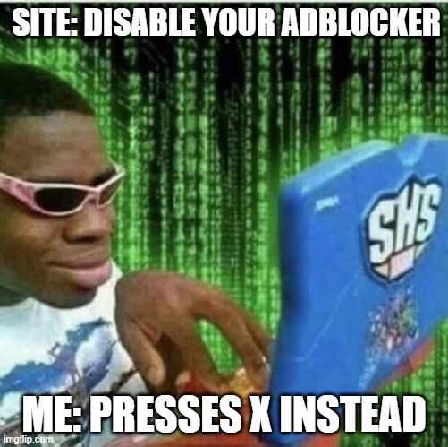 their site must be broken | SITE: DISABLE YOUR ADBLOCKER; ME: PRESSES X INSTEAD | image tagged in ryan beckford | made w/ Imgflip meme maker
